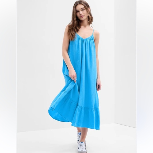 Gap Gauze Cami Maxi Dress Delta Blue Sleeveless Spaghetti Straps V Neck Crinkle‎ - Picture 1 of 6